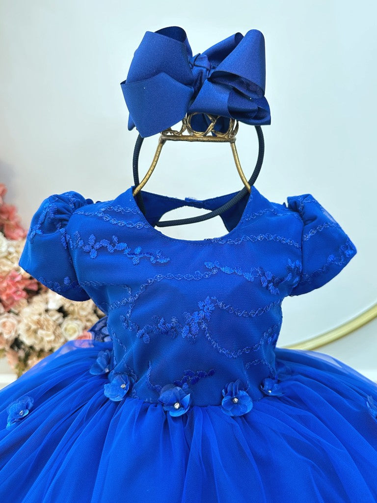 Vestido Infantil Azul Royal em Tule com Renda Saia Rodada para Festa de Aniversário