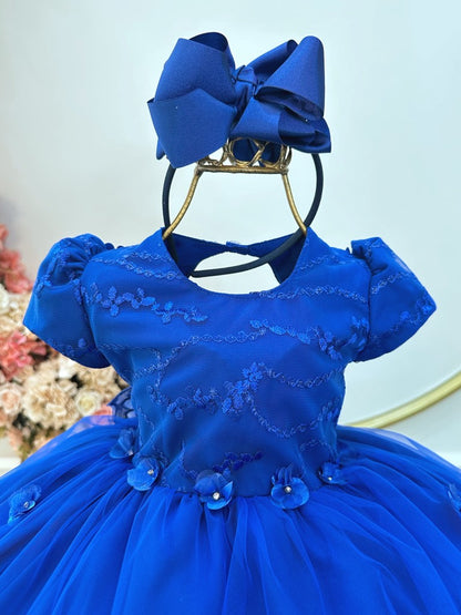 Vestido Infantil Azul Royal em Tule com Renda Saia Rodada para Festa de Aniversário