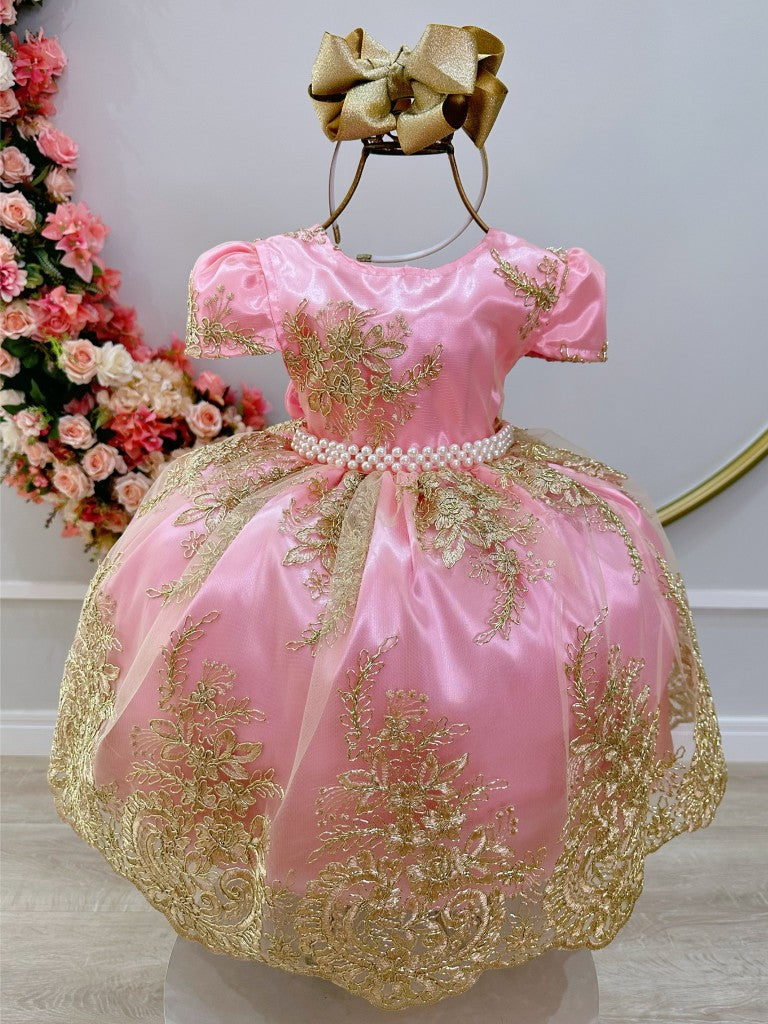 Vestido Infantil Rosa em Renda Realeza Metalizada com Laço para Daminhas