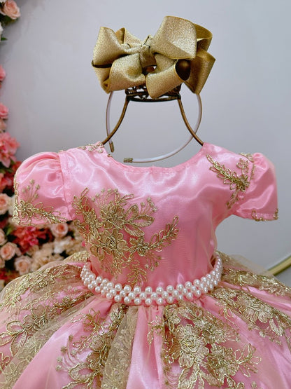 Vestido Infantil Rosa em Renda Realeza Metalizada com Laço para Daminhas