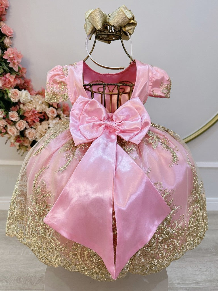 Vestido Infantil Rosa em Renda Realeza Metalizada com Laço para Daminhas