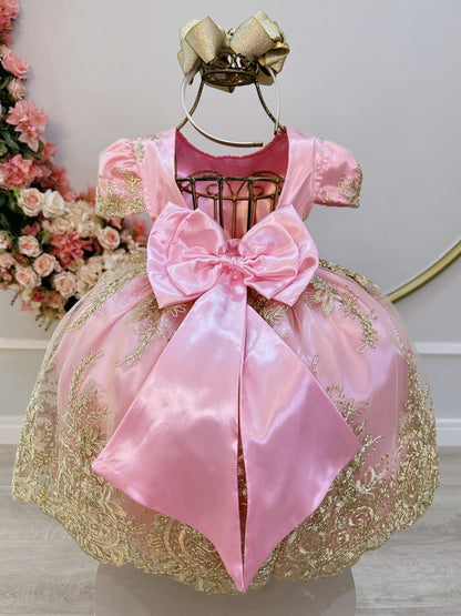 Vestido Infantil Rosa em Renda Realeza Metalizada com Laço para Daminhas