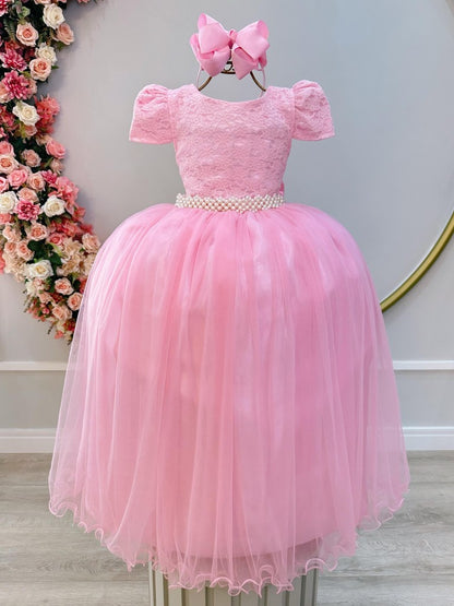 Vestido Infantil Rosa em Tule com Renda e Saia Rodada para Festa de Casamento
