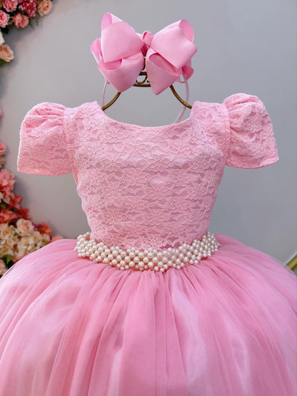 Vestido Infantil Rosa em Tule com Renda e Saia Rodada para Festa de Casamento