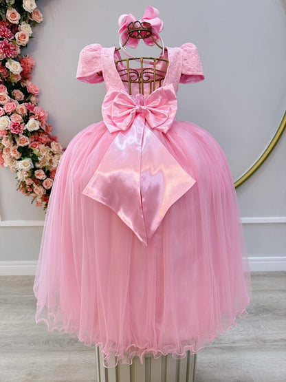 Vestido Infantil Rosa em Tule com Renda e Saia Rodada para Festa de Casamento