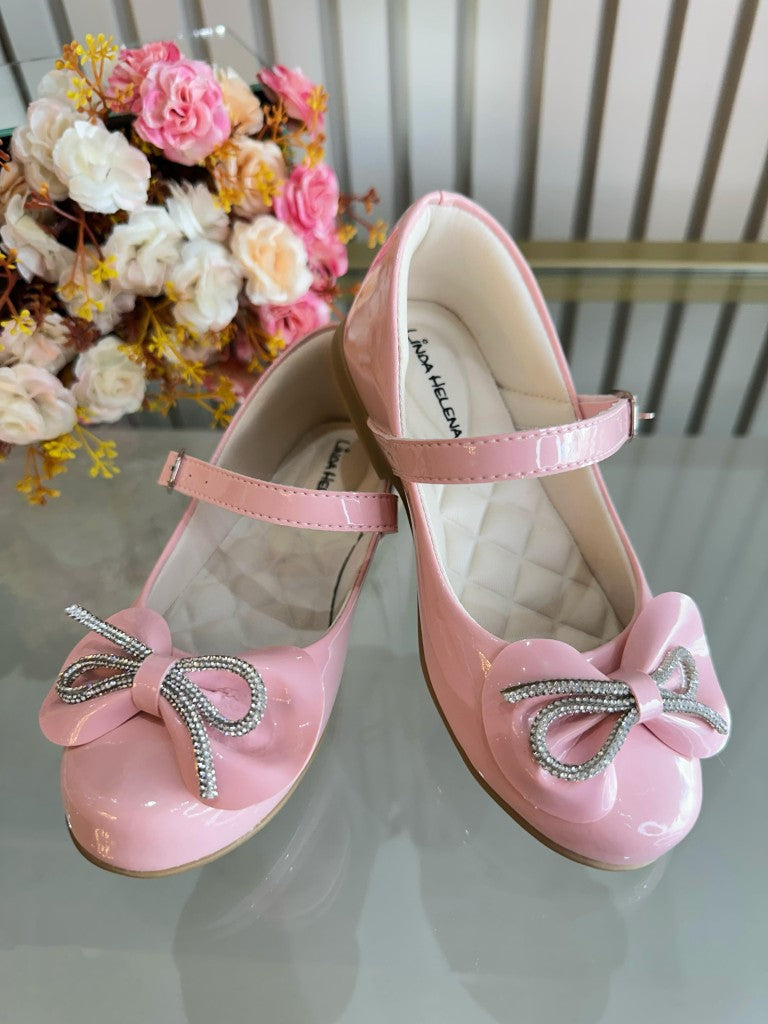 Sapatinho Infantil Rosa Verniz Com Aplique de Lacinho e Strass