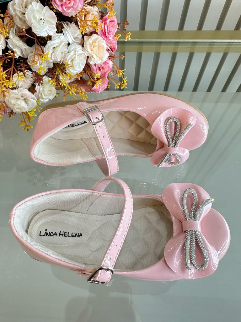 Sapatinho Infantil Rosa Verniz Com Aplique de Lacinho e Strass