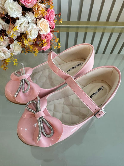 Sapatinho Infantil Rosa Verniz Com Aplique de Lacinho e Strass