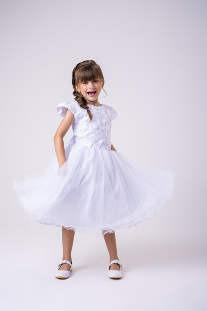 Vestido Infantil Branco em Tecido Misto com Saia Rodada para Daminhas