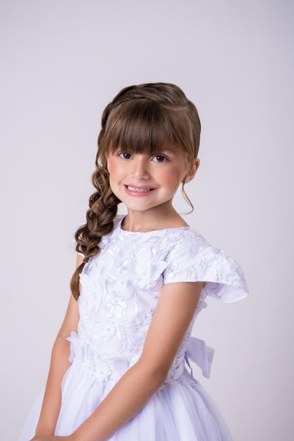 Vestido Infantil Branco em Tecido Misto com Saia Rodada para Daminhas