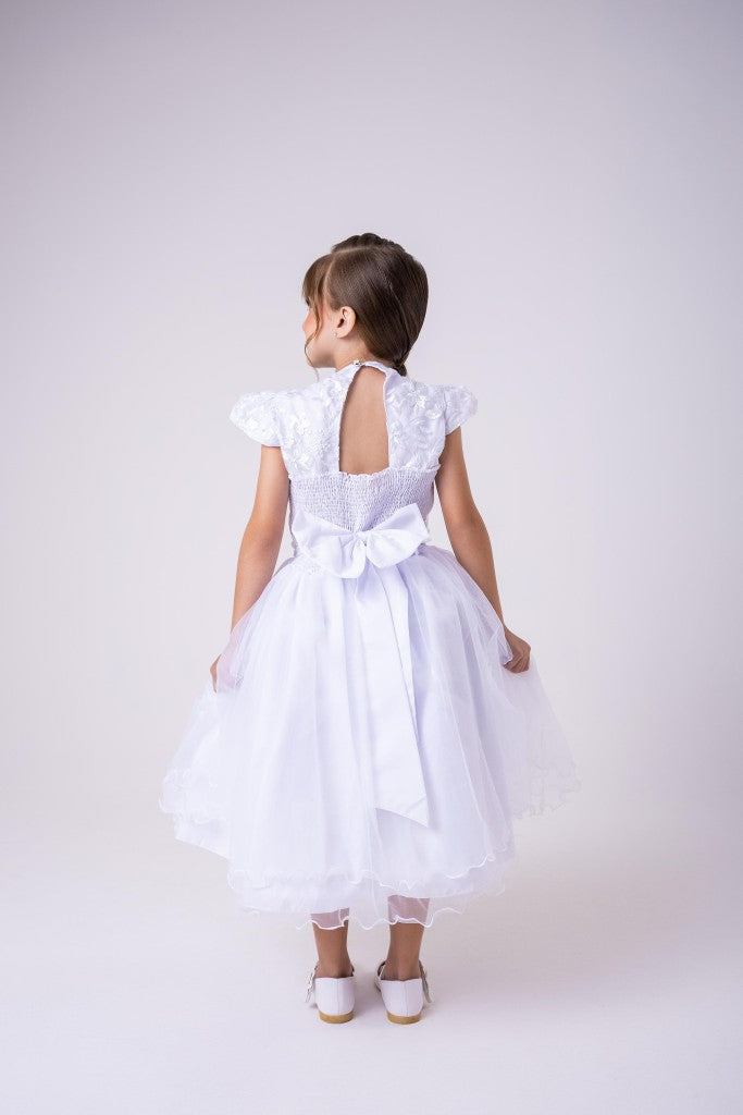 Vestido Infantil Branco em Tecido Misto com Saia Rodada para Daminhas