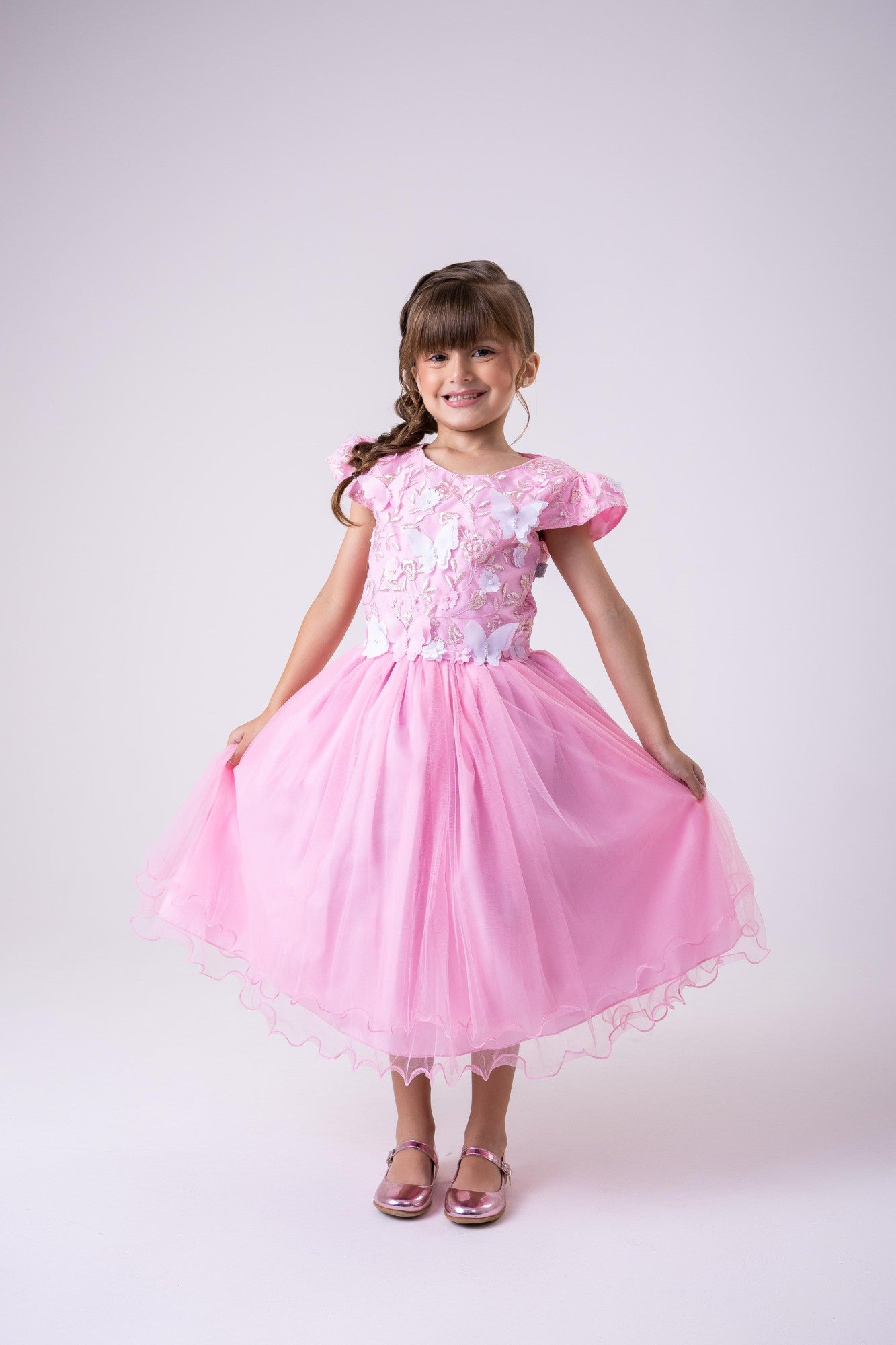 Vestido Infantil Rosa Bebê em Tecido Misto com Borboleta Branca, Saia Rodada, L