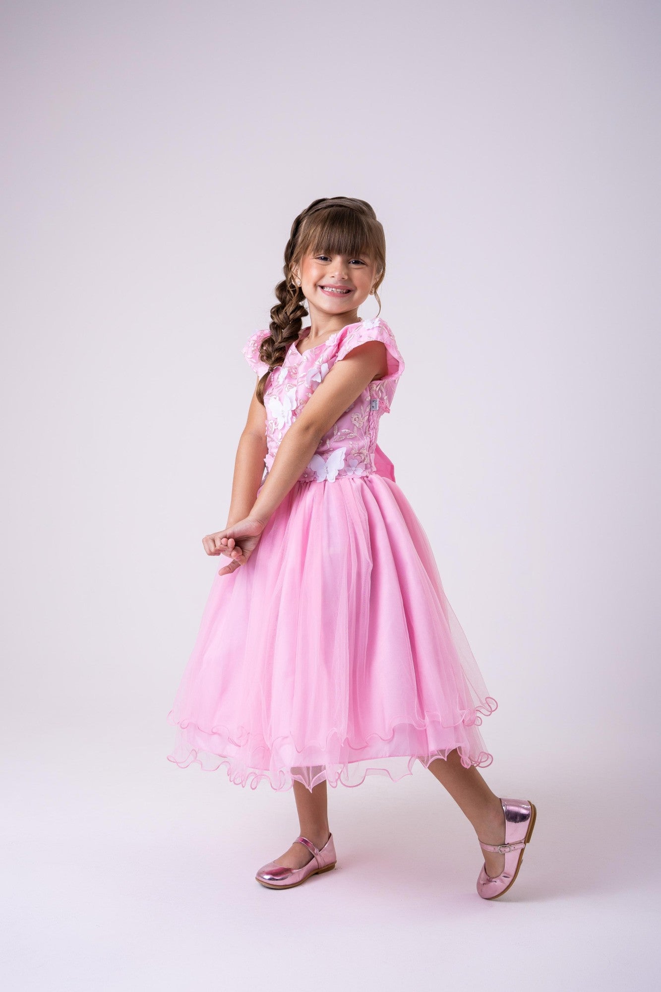 Vestido Infantil Rosa Bebê em Tecido Misto com Borboleta Branca, Saia Rodada, L