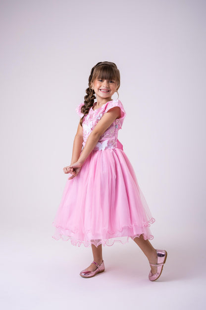 Vestido Infantil Rosa Bebê em Tecido Misto com Borboleta Branca, Saia Rodada, L
