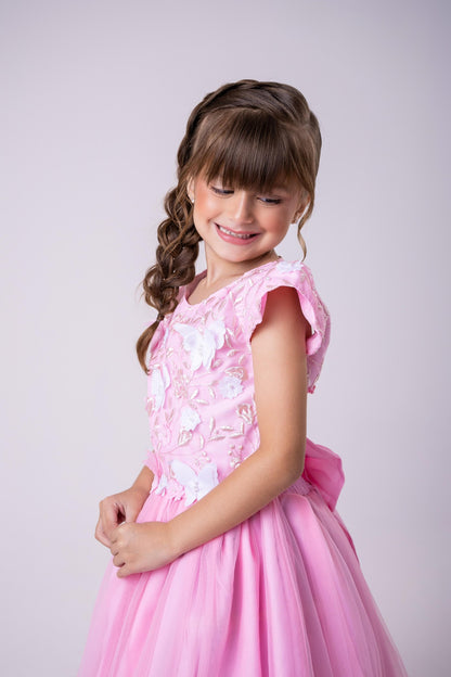 Vestido Infantil Rosa Bebê em Tecido Misto com Borboleta Branca, Saia Rodada, L