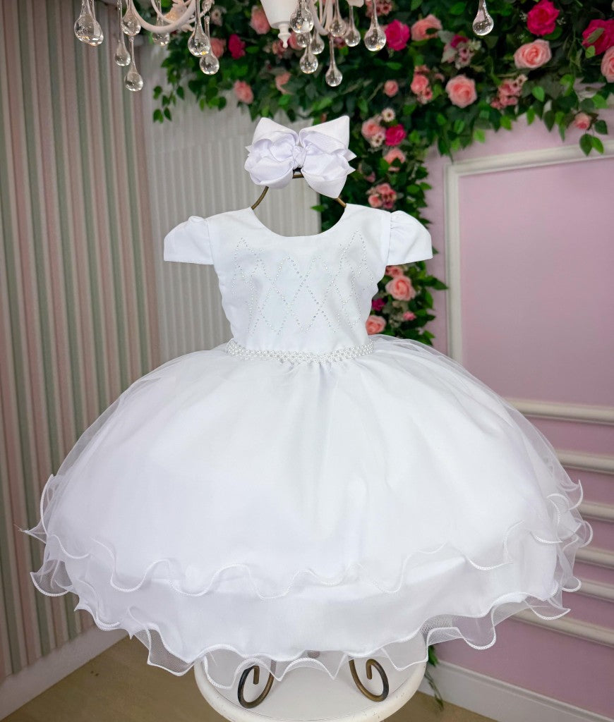 Vestido Infantil Branco em Cetim com Laço Elegante para Festa de Aniversário