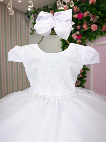 Vestido Infantil Branco em Cetim com Laço Elegante para Festa de Aniversário