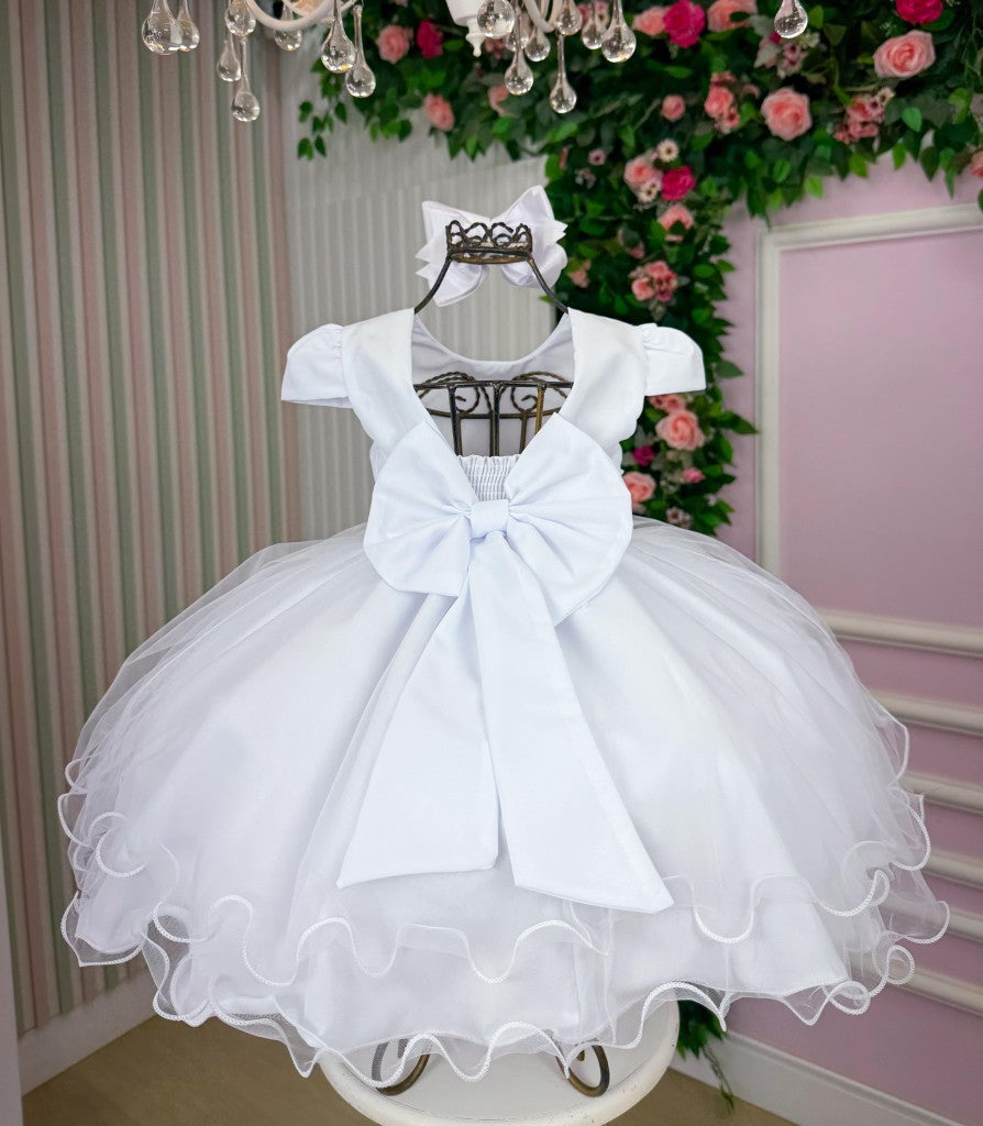 Vestido Infantil Branco em Cetim com Laço Elegante para Festa de Aniversário