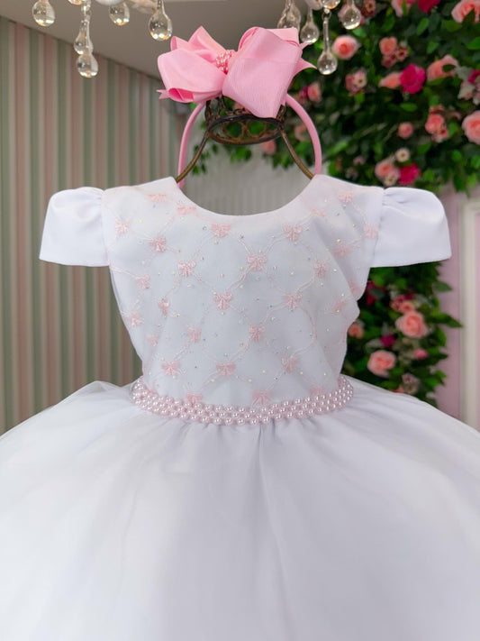 Vestido Infantil Branco em Algodão com Laço nas Costas para Festa de Aniversário