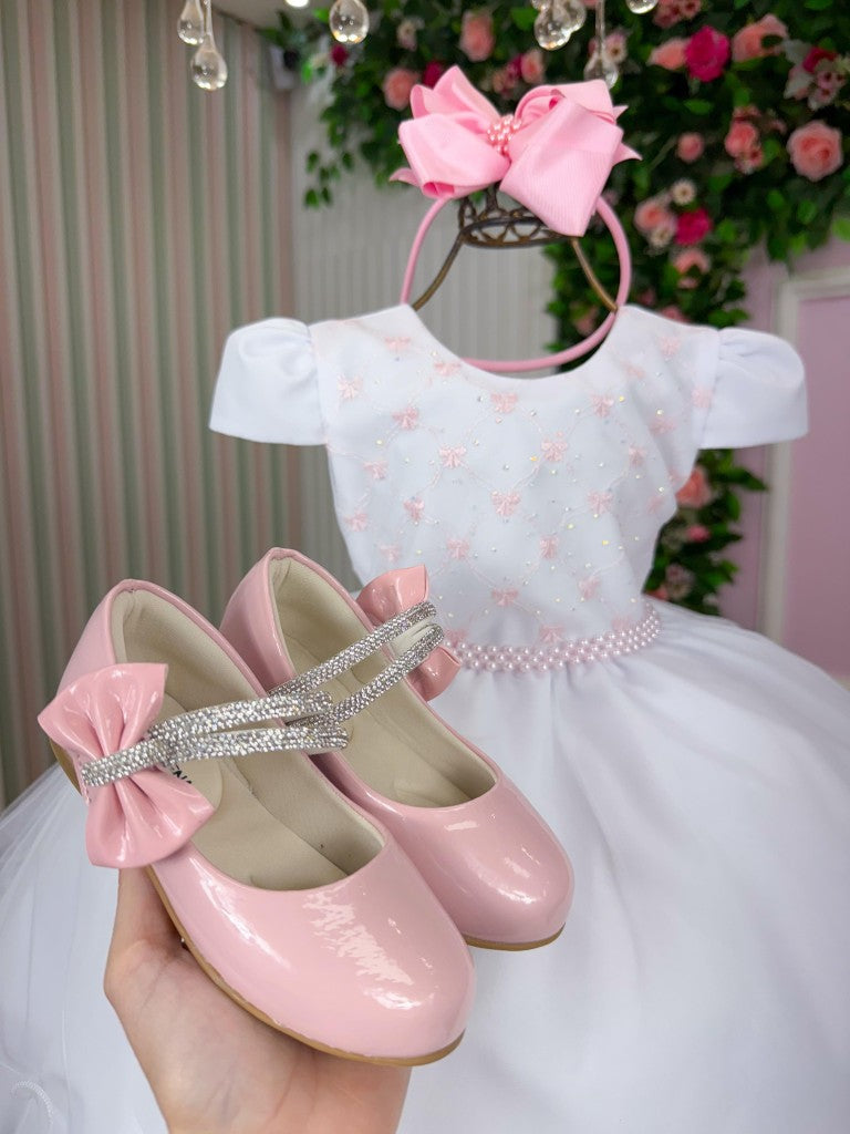 Vestido Infantil Branco em Algodão com Laço nas Costas para Festa de Aniversário