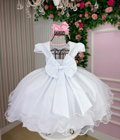 Vestido Infantil Branco em Algodão com Laço nas Costas para Festa de Aniversário