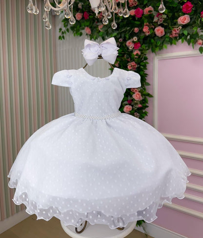 Vestido Infantil Branco em Algodão com Laço Ajustável nas Costas para Festa de Aniversário