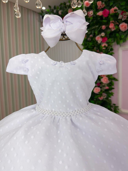 Vestido Infantil Branco em Algodão com Laço Ajustável nas Costas para Festa de Aniversário