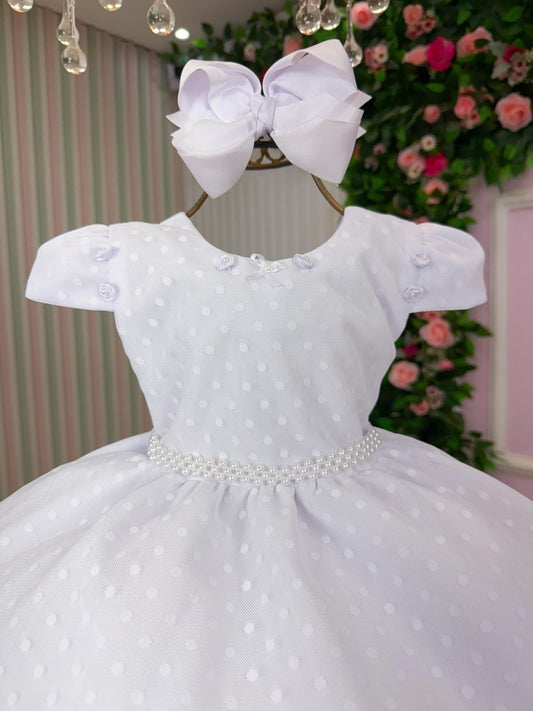 Vestido Infantil Branco em Algodão com Laço Ajustável nas Costas para Festa de Aniversário