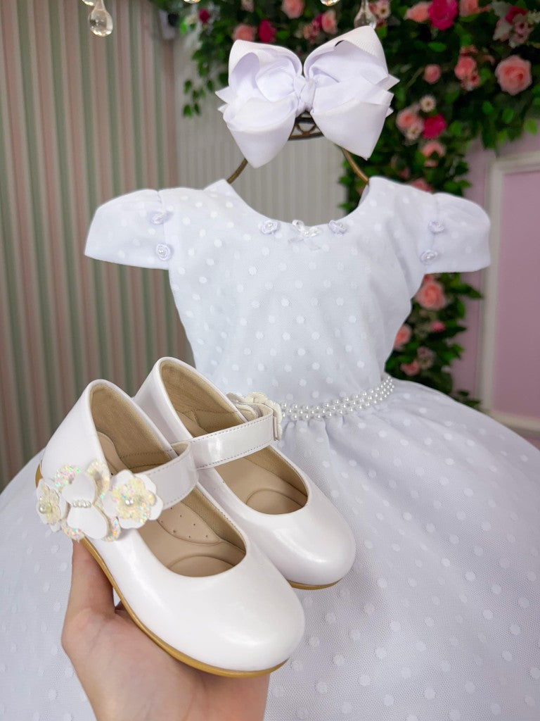 Vestido Infantil Branco em Algodão com Laço Ajustável nas Costas para Festa de Aniversário