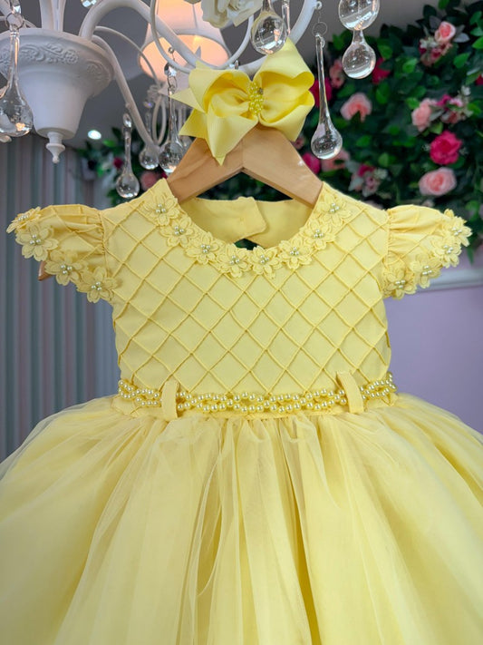 Vestido Infantil Amarelo em Algodão com Laço Elegante para Festa de Aniversário