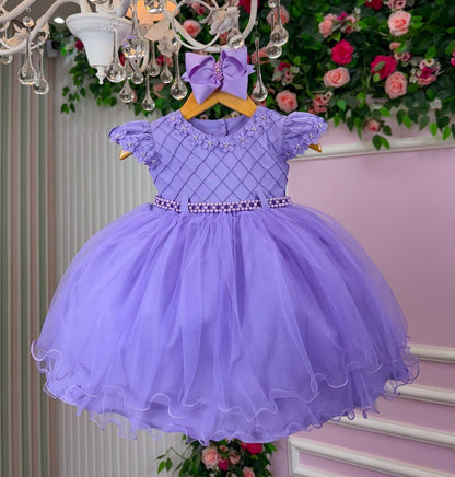 Vestido Infantil Lilás em Tafetá com Tule e Laço Delicado para Festa de Aniversário