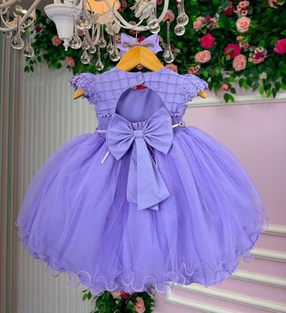 Vestido Infantil Lilás em Tafetá com Tule e Laço Delicado para Festa de Aniversário