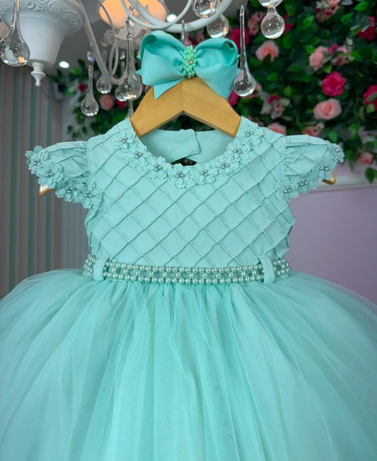 Vestido Infantil Verde Menta em Algodão com Laço Elegante para Daminhas