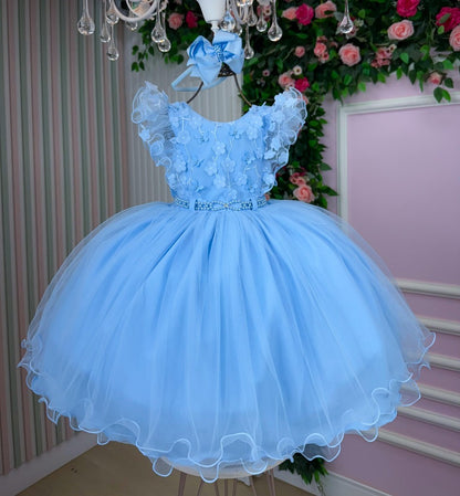 Vestido Infantil Azul em Tule com Laço para Festa de Aniversário