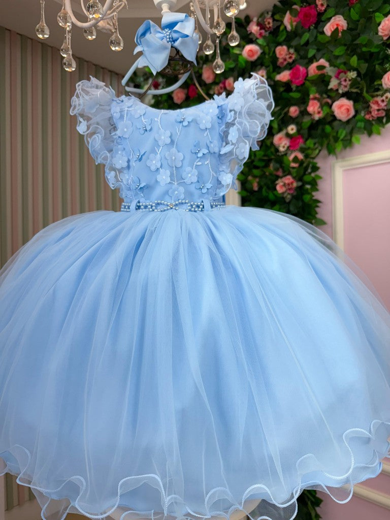 Vestido Infantil Azul em Tule com Laço para Festa de Aniversário