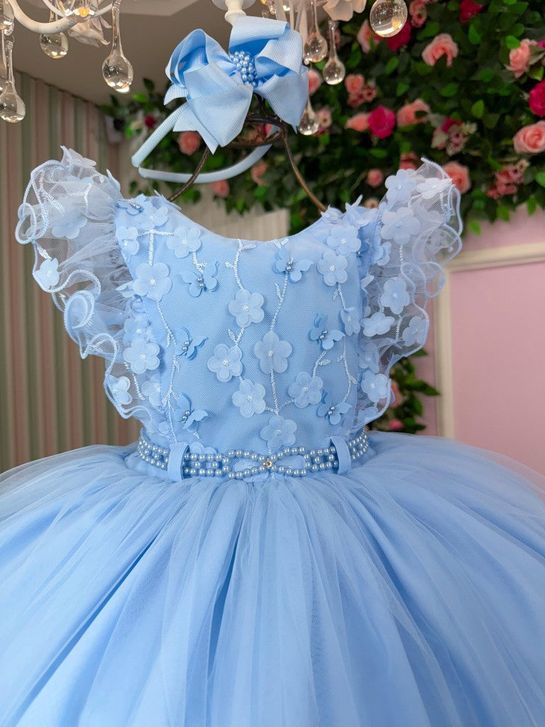 Vestido Infantil Azul em Tule com Laço para Festa de Aniversário