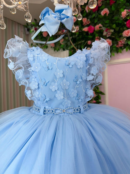 Vestido Infantil Azul em Tule com Laço para Festa de Aniversário