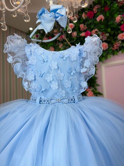 Vestido Infantil Azul em Tule com Laço para Festa de Aniversário