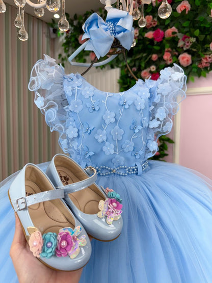 Vestido Infantil Azul em Tule com Laço para Festa de Aniversário
