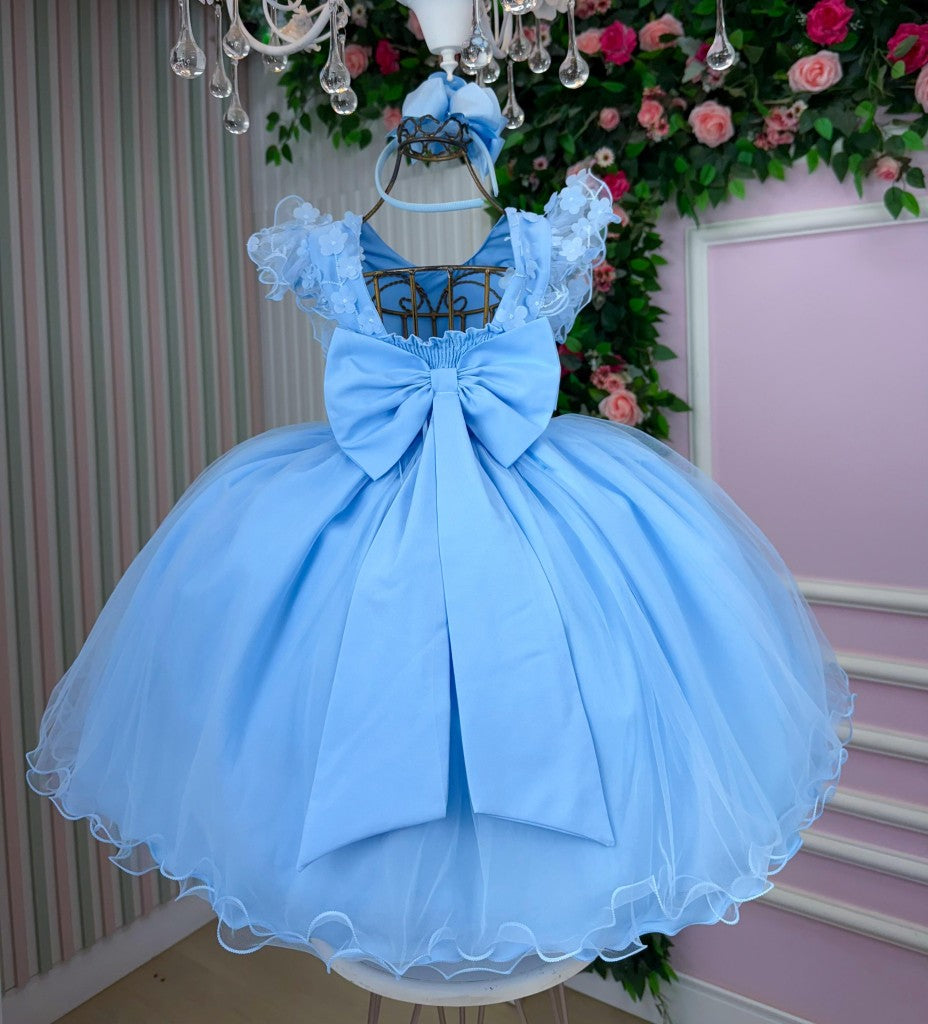 Vestido Infantil Azul em Tule com Laço para Festa de Aniversário