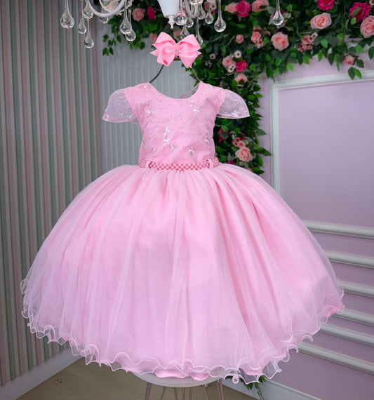 Vestido Infantil Rosa Claro em Tule com Laço Elegante para Daminhas