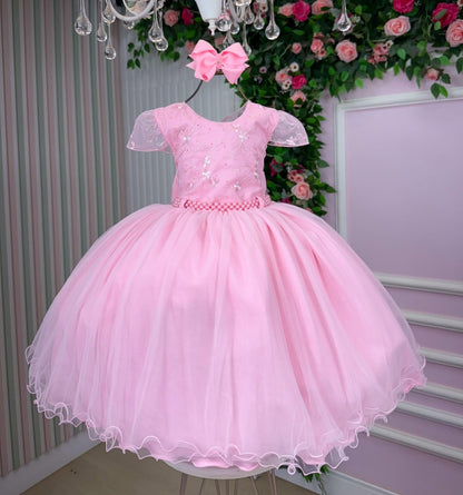 Vestido Infantil Rosa Claro em Tule com Laço Elegante para Daminhas