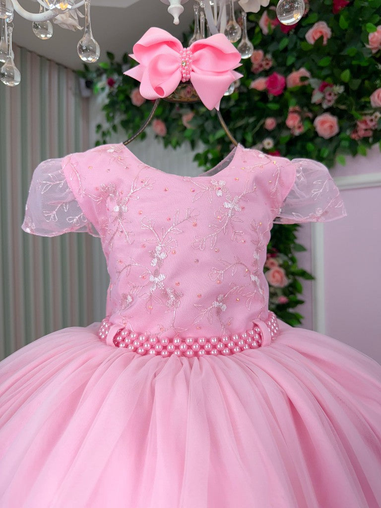 Vestido Infantil Rosa Claro em Tule com Laço Elegante para Daminhas