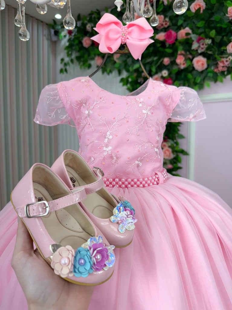 Vestido Infantil Rosa Claro em Tule com Laço Elegante para Daminhas