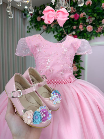 Vestido Infantil Rosa Claro em Tule com Laço Elegante para Daminhas