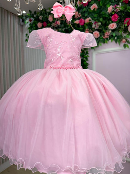 Vestido Infantil Rosa Claro em Tule com Laço Elegante para Daminhas