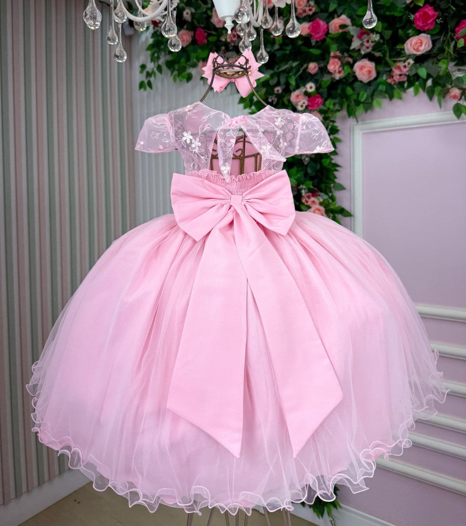 Vestido Infantil Rosa Claro em Tule com Laço Elegante para Daminhas