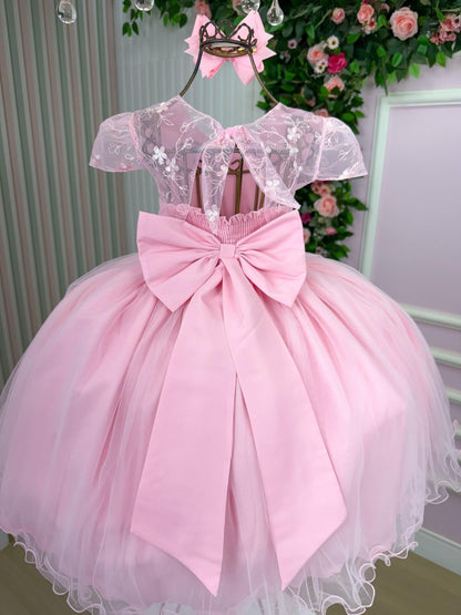 Vestido Infantil Rosa Claro em Tule com Laço Elegante para Daminhas