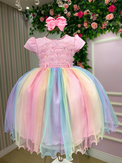 Vestido Infantil Rosa Claro em Algodão com Saia Multicolorida e Brilho Luxuoso para Festa