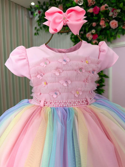 Vestido Infantil Rosa Claro em Algodão com Saia Multicolorida e Brilho Luxuoso para Festa
